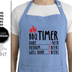 May include: A blue BBQ apron with a red flame graphic and the text "BBQ TIMER" with a list of doneness levels and the number of beers to drink for each level.