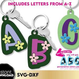 Archivo SVG de llavero con inicial de margarita digital, llavero para mochilas, llavero floral