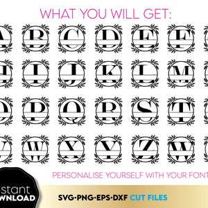 Circle monogram font letters bundle from   A - Z. All letters position is in the middle in the circle and laurel leaf is around of circle. Use for cutting form vinyl, sublimation, laser cut or grave, Print and DTF print projects as well. SVG, PNG, DXF, EPS files included. Compatible with Cricut, Silhouette, Glowforge and other equipment. Buy now with 50% discount and enjoy!