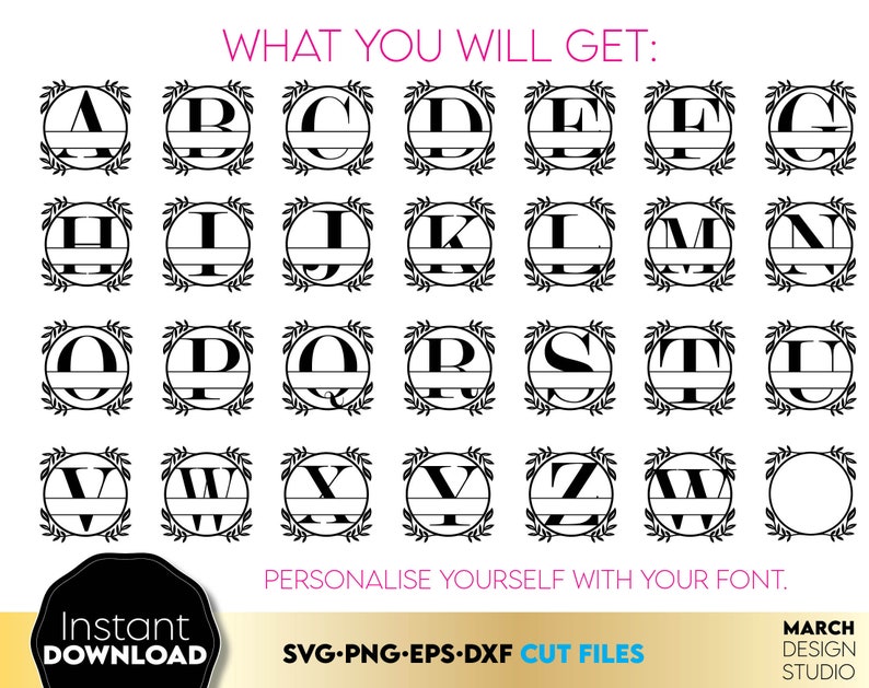 Circle monogram font letters bundle from   A - Z. All letters position is in the middle in the circle and laurel leaf is around of circle. Use for cutting form vinyl, sublimation, laser cut or grave, Print and DTF print projects as well. SVG, PNG, DXF, EPS files included. Compatible with Cricut, Silhouette, Glowforge and other equipment. Buy now with 50% discount and enjoy!