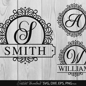 May include: Black monogram designs with decorative circular frames. The designs include the letters "S", "A", and "W", with the surnames "Smith" and "Williams" below. The image is on a light wood grain background.