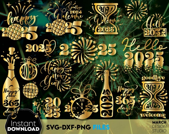 Happy New Year 2025 Png Svg Bundle, Hand Lettered New Year