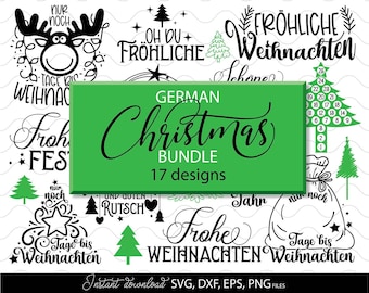 May include: A bundle of 17 German Christmas designs in black and white, with green accents. The designs feature reindeer, Christmas trees, and festive phrases. Available for instant download in SVG, DXF, EPS, and PNG file formats. Festive and seasonal.