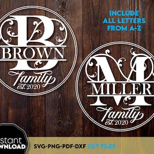 Könnte beinhalten: Zwei weiße Kreisdesigns mit schwarzen Umrissen. Das erste Design zeigt den Buchstaben B mit einem floralen Design und dem Text "BROWN Family est. 2020". Das zweite Design zeigt die Buchstaben M und A mit einem floralen Design und dem Text "MILLER Family est. 2020".