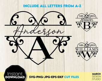 Heart Split Monogram SVG Bundle, Valentine Family Name Sign, Digital Download