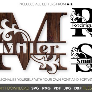 Split-Monogramm-SVG-Schriftart: Familiennamenbuchstaben – Digitaler Download