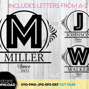 Könnte beinhalten: Schwarzweißes Monogramm-Design mit einer dekorativen Verzierung. Das Design enthält die Buchstaben M, J und W, mit den Namen Miller, Johnson und Walker sowie die Jahre 2021 und 1999. Der Text "Includes Letters From A-Z" und "SVG-PNG-JPG-EPS-DXF Cut Files" ist ebenfalls enthalten.