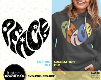 SVG Coração da Paz: Design Hippie Descolado, Sublimação de Coração Retrô Radical