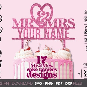 ミスター＆ミセス ケーキ トッパー svg png | ウェディング ケーキ トッパー svg png | スプリット ウェディング ケーキ トッパー svg png | レーザーカット ファイル | 姓サイン svg png