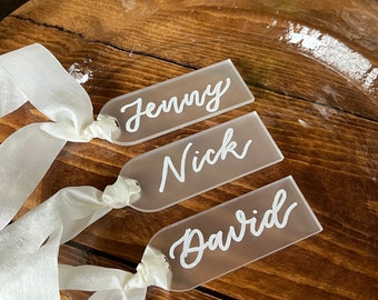 Wedding Place Card Tags with Faux Silk Ribbon - Frosted Acrylic Tags - Calligraphy Wedding Place Cards