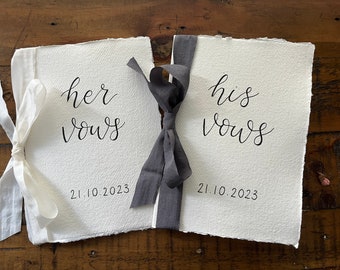 Wedding Vows Booklet | Handmade Cotton Paper | Faux Silk Bow | His & Her Vows | Wedding Stationery |  Modern Calligraphy | Hand Lettering