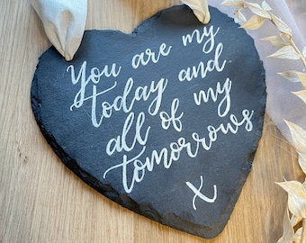 Slate Heart Wedding Gift - Favourite Quote - Personalised Handwritten Hanging Keepsake Sign