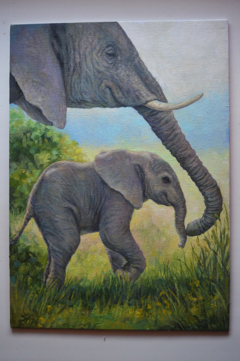 Elephants painting original Custom Oil wall art on canvas Mom and baby animal oil painting