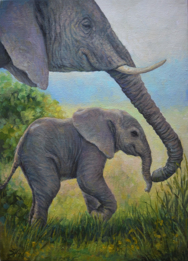 Elephants painting original Custom Oil wall art on canvas Mom and baby animal oil painting