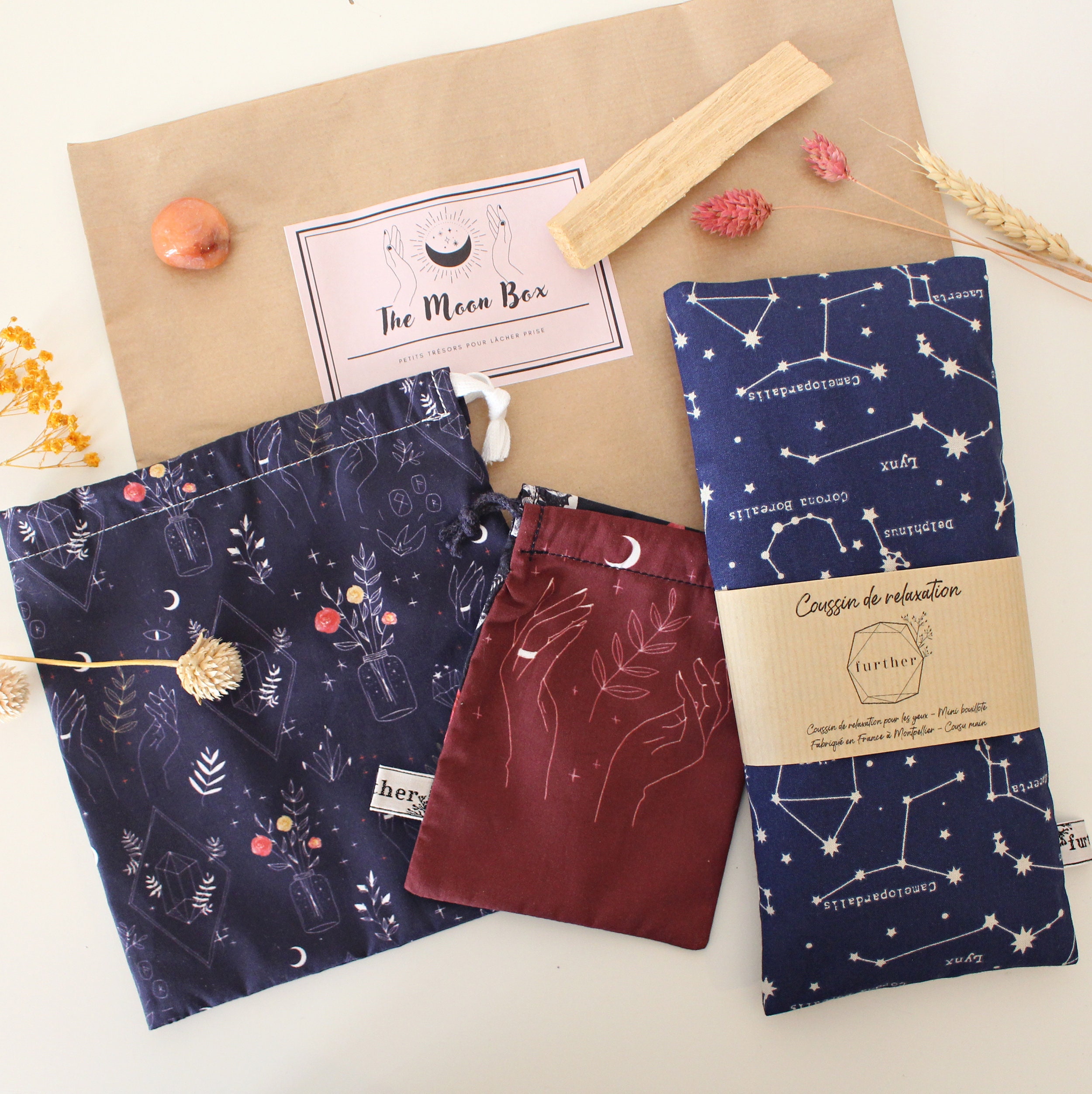 Box Méditation Lune Unique avec Coussin Pour Les Yeux en Lin et Lavande Bio Méditation, Rituel de Lu