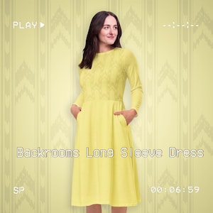 May include: A long-sleeve dress in a solid light yellow color featuring a round neckline and a subtle chevron pattern on the bodice. The dress includes side pockets and a flared skirt. The text "Backrooms Long Sleeve Dress" is visible.
