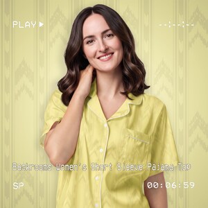 May include: A light yellow short-sleeve pajama top featuring a subtle chevron pattern, a collared neckline, a front button-down closure with white piping, and a single chest pocket. The text Backrooms Women's Short Sleeve Pajama Top is visible.