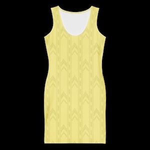 May include: A sleeveless tank dress in a pale yellow hue featuring a repeating vertical pattern of subtle, light-colored chevron arrows arranged in columns. The garment has a scoop neckline and a simple, straight-cut silhouette.
