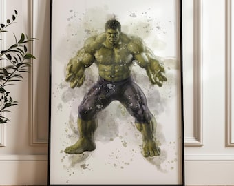Lámina artística de Hulk en acuarela / Póster de superhéroe de Marvel / Decoración de cómics / Fan art de Hulk / Arte mural de Marvel