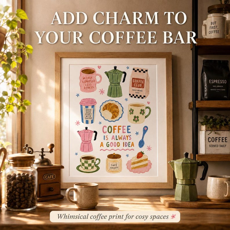 May include: A framed wall art print featuring colorful illustrations of coffee-related items including mugs, a moka pot, a croissant, a slice of cake, and a coffee bag, with the text "COFFEE IS ALWAYS A GOOD IDEA" centered in the middle.