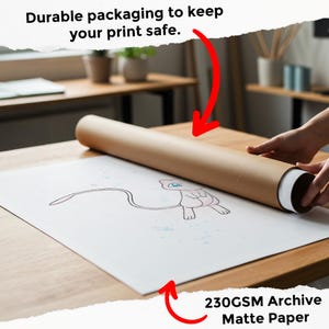 Rolled artwork of Mew on table with protective packaging – Print partially rolled on a table, showing note about durable packaging to keep prints safe.