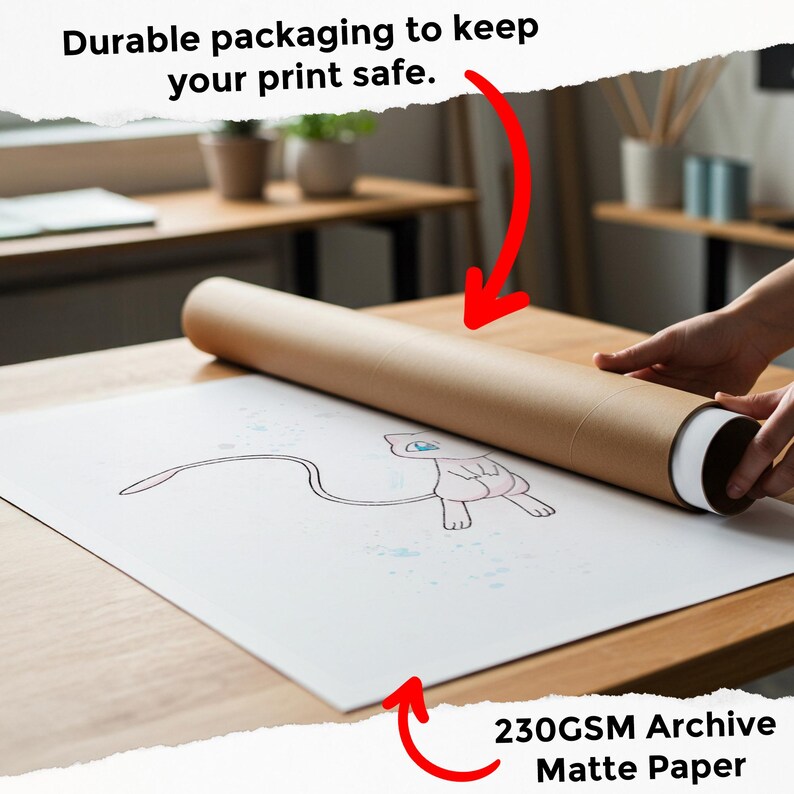 Rolled artwork of Mew on table with protective packaging – Print partially rolled on a table, showing note about durable packaging to keep prints safe.
