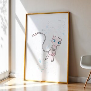 Framed Mew print in corner next to small chair – Mew illustration leaning against wall beside a white modern chair, minimal decor.