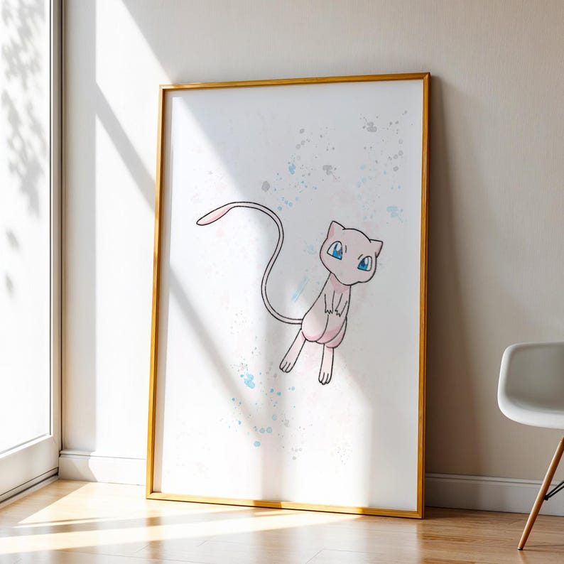 Framed Mew print in corner next to small chair – Mew illustration leaning against wall beside a white modern chair, minimal decor.