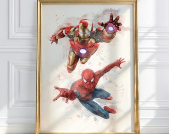 Acuarela de Spider-Man e Iron Man / Arte mural inspirado en Marvel / Póster de superhéroes / Decoración de cómics / Obra de arte para habitación infantil