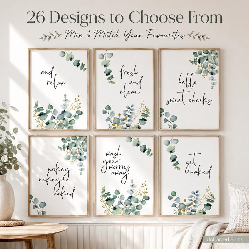 Bathroom Quote Print | Botanical Eucalyptus Wall Art | Minimal Green Bathroom Decor | Premium Matte Art Print | Various Sizes image 1