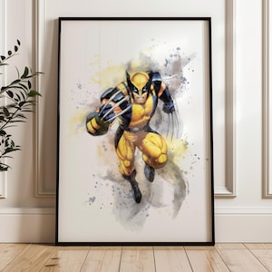 May include: A framed watercolour print of Wolverine in a dynamic pose. The superhero is depicted in his classic yellow and blue costume, with his claws extended. The artwork features a splash of watercolour effects in the background, adding a vibrant touch to the image.