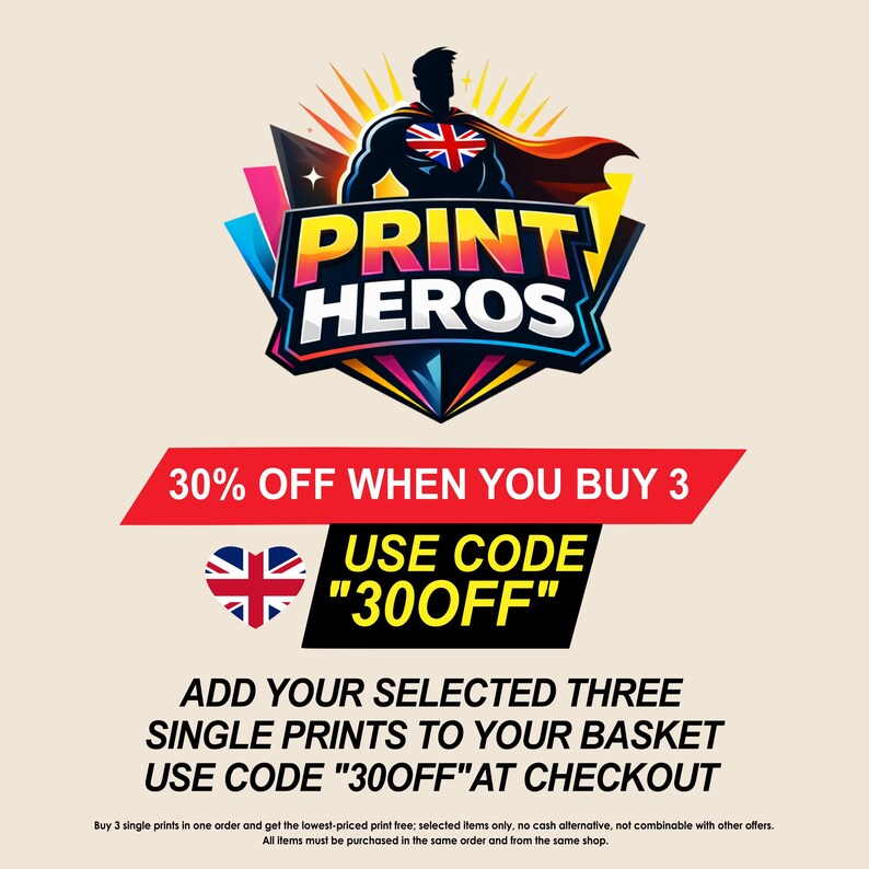 Promotional graphic for "Print Heros" with a superhero silhouette and Union Jack. It advertises a 30% discount on three prints using code "30OFF" at checkout. The text is set against a light beige background, with a red banner.