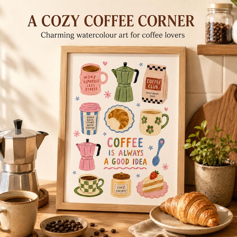 May include: A framed art print featuring watercolor illustrations of coffee-related items including mugs, a moka pot, a coffee bag, a croissant, and a slice of cake. The text reads: A COZY COFFEE CORNER, Charming watercolour art for coffee lovers, MORE ESPRESSO LESS STRESS, GOOD DAYS START WITH COFFEE, COFFEE IS ALWAYS A GOOD IDEA, and CAF&Eacute; SOCIETY.