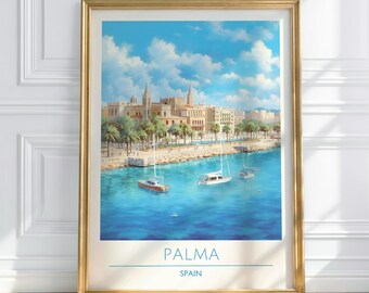 May include: A framed print of Palma, Spain, featuring a coastal city scene with boats on turquoise water. The artwork showcases a detailed depiction of buildings, palm trees, and a bright blue sky with fluffy clouds. The print is in a gold frame.