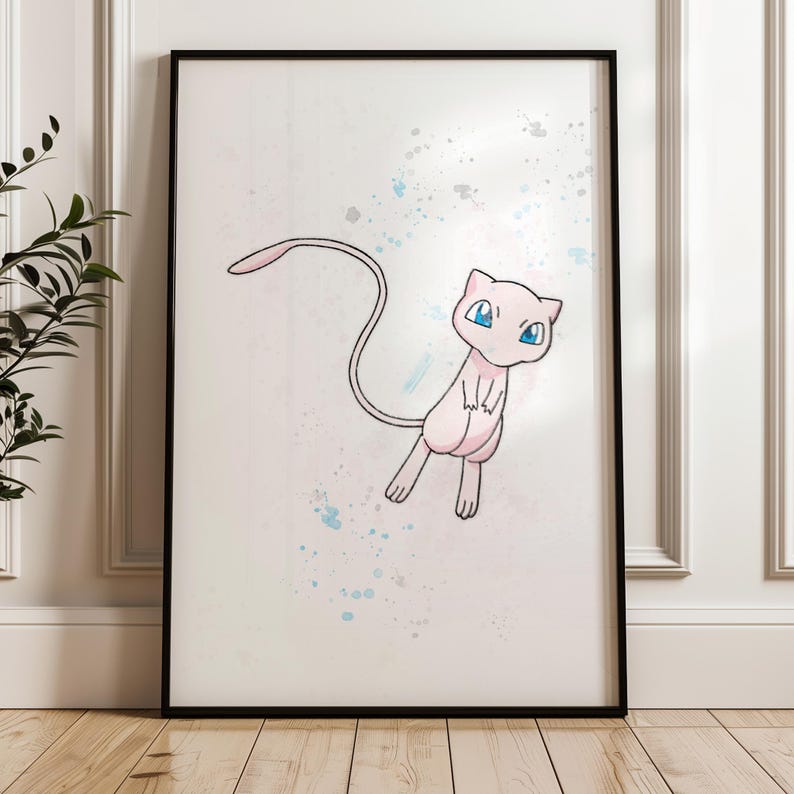 Framed illustration of Mew from Pokémon – Cute cartoon-style Mew with a pink body and blue eyes, wearing a small scarf, in a wooden frame on a wall.