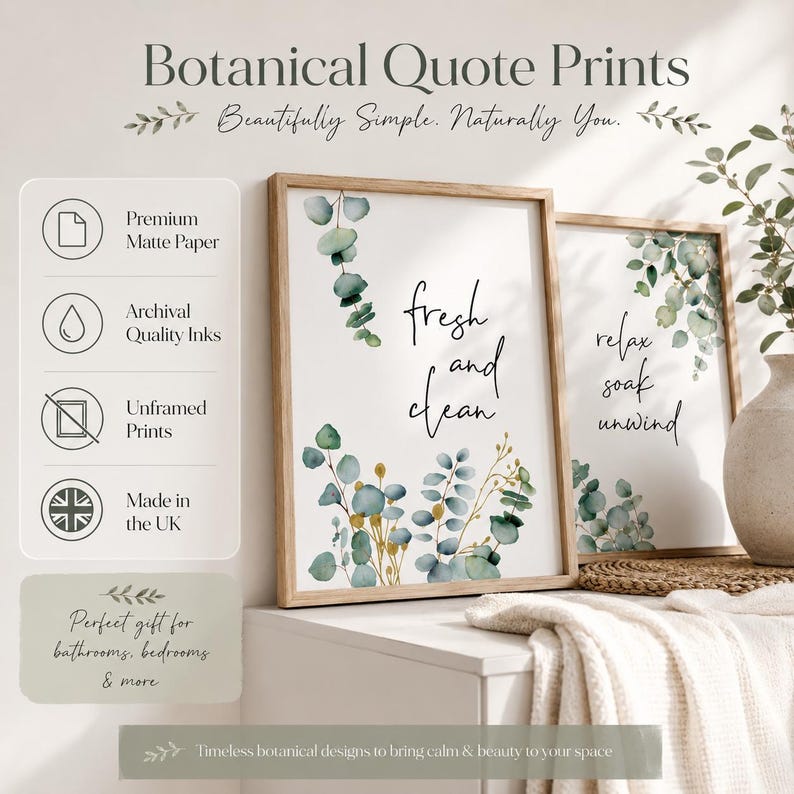 Bathroom Quote Print | Botanical Eucalyptus Wall Art | Minimal Green Bathroom Decor | Premium Matte Art Print | Various Sizes image 3