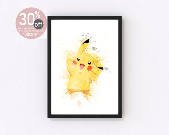 Pikachu Pokemon Watercolor Art Print, Children's Room Decor