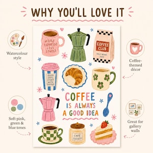 May include: A poster featuring watercolor illustrations of coffee-related items including mugs, a moka pot, a croissant, a coffee bag, and a slice of cake. The text reads "WHY YOU'LL LOVE IT", "MORE ESPRESSO LESS STRESS", "COFFEE CLUB", "GOOD DAYS START WITH COFFEE", and "COFFEE IS ALWAYS A GOOD IDEA".