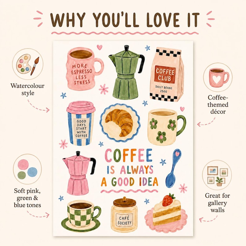 May include: A poster featuring watercolor illustrations of coffee-related items including mugs, a moka pot, a croissant, a coffee bag, and a slice of cake. The text reads "WHY YOU'LL LOVE IT", "MORE ESPRESSO LESS STRESS", "COFFEE CLUB", "GOOD DAYS START WITH COFFEE", and "COFFEE IS ALWAYS A GOOD IDEA".