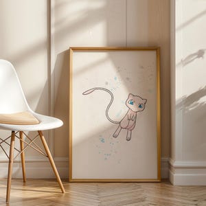 Framed Mew print with leafy plant shadow – Mew print leaning against wall, sunlight casting plant shadows onto the artwork.