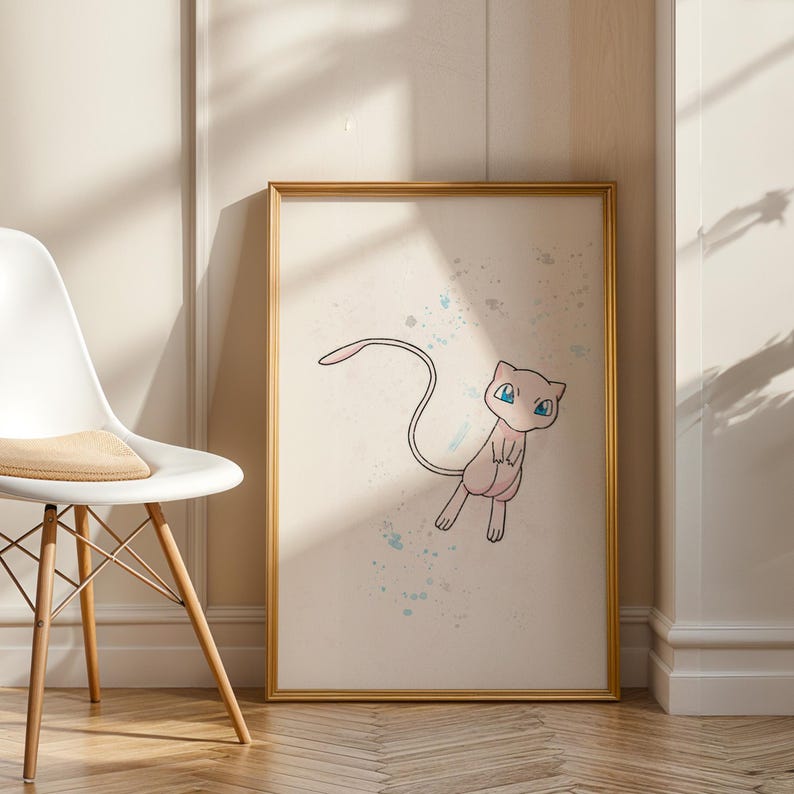 Framed Mew print with leafy plant shadow – Mew print leaning against wall, sunlight casting plant shadows onto the artwork.