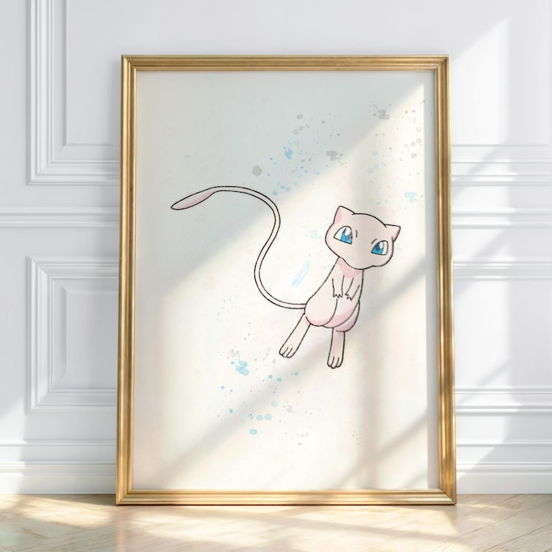 Framed Mew print on floor with bright natural light – Print in a simple gold frame against a white wall, sunlight highlighting the floor.