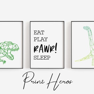 Set of 3 Dinosaur Prints, T-Rex, Brontosaurus, Rawr, Kids Bedroom, Childrens Prints, Geometric