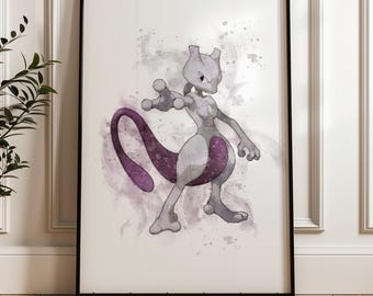 Lámina de acuarela de Mewtwo: arte mural de Pokémon, póster de acuarela para fans, videojuegos y decoración infantil.