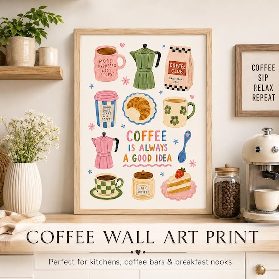 Watercolour Coffee Wall Art Print, Retro Café Decor, Coffee Lover Gift