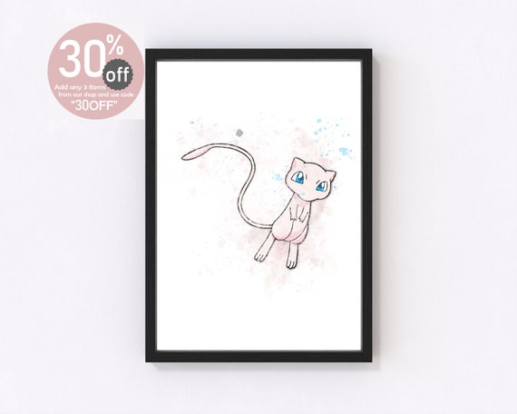 Mew Pokemon Watercolor Print, Children's Wall Art