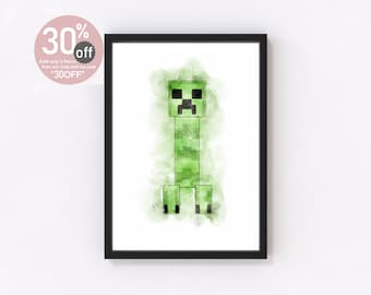 Impresión de acuarela de Creeper de Minecraft / Arte mural para gamers / Decoración infantil / Regalo de videojuegos