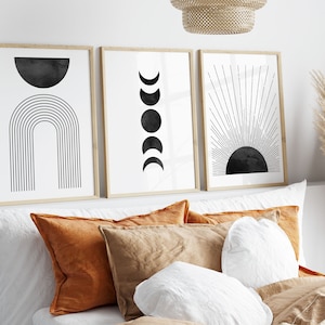 Set of 3 Black Boho Style Sun Moon Wall Art Prints Poster Home Bedroom Living Room Decor