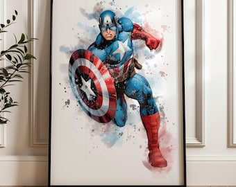 Captain America Watercolour Art Print | Comic Book Superhero Wall Art Poster