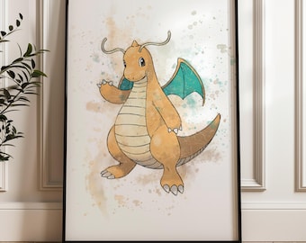 Lámina artística de Dragonite con salpicaduras de acuarela / Decoración de pared para habitación infantil o hogar